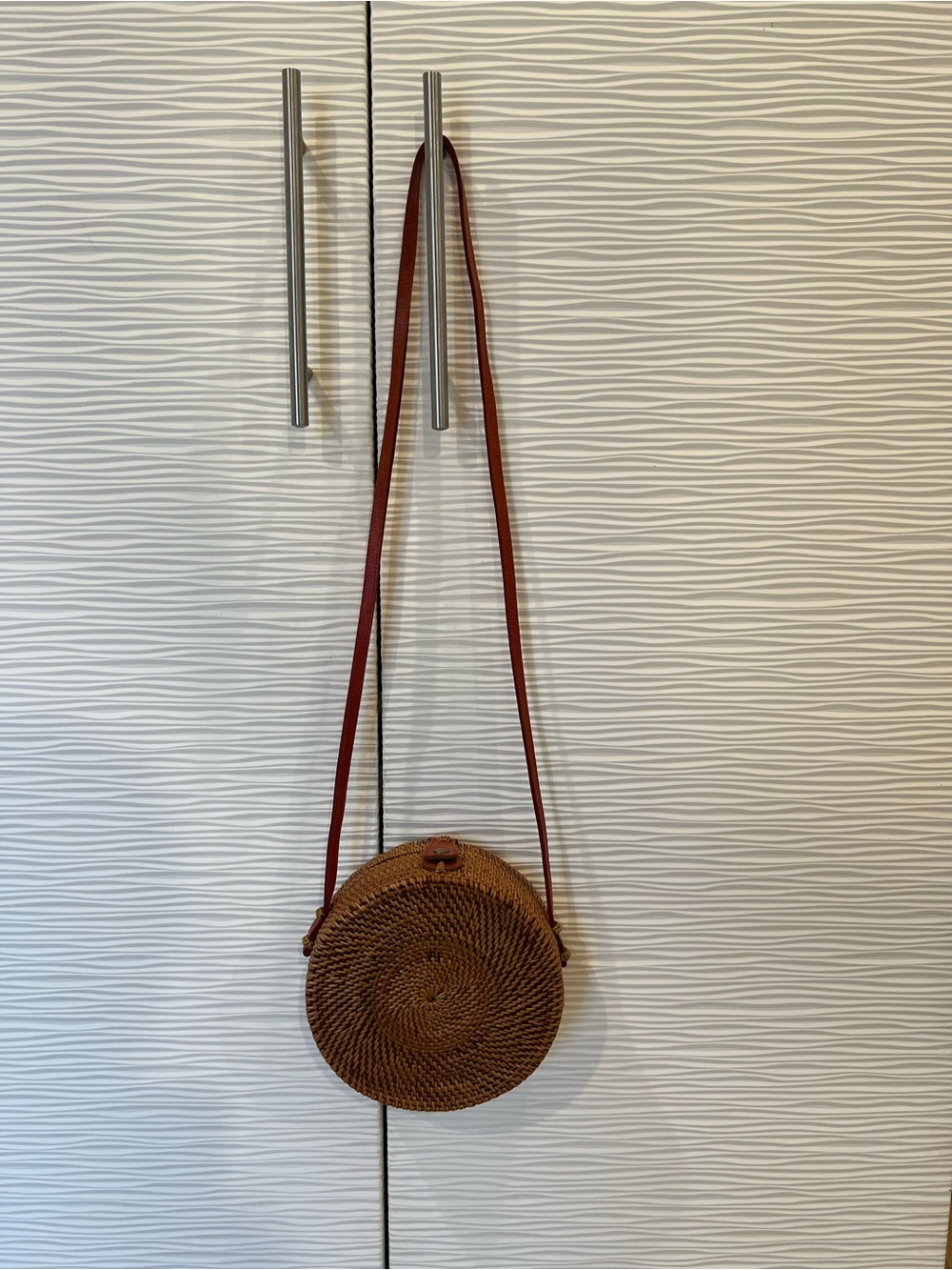 Round Woven Crossbody Bag with Brown Strap